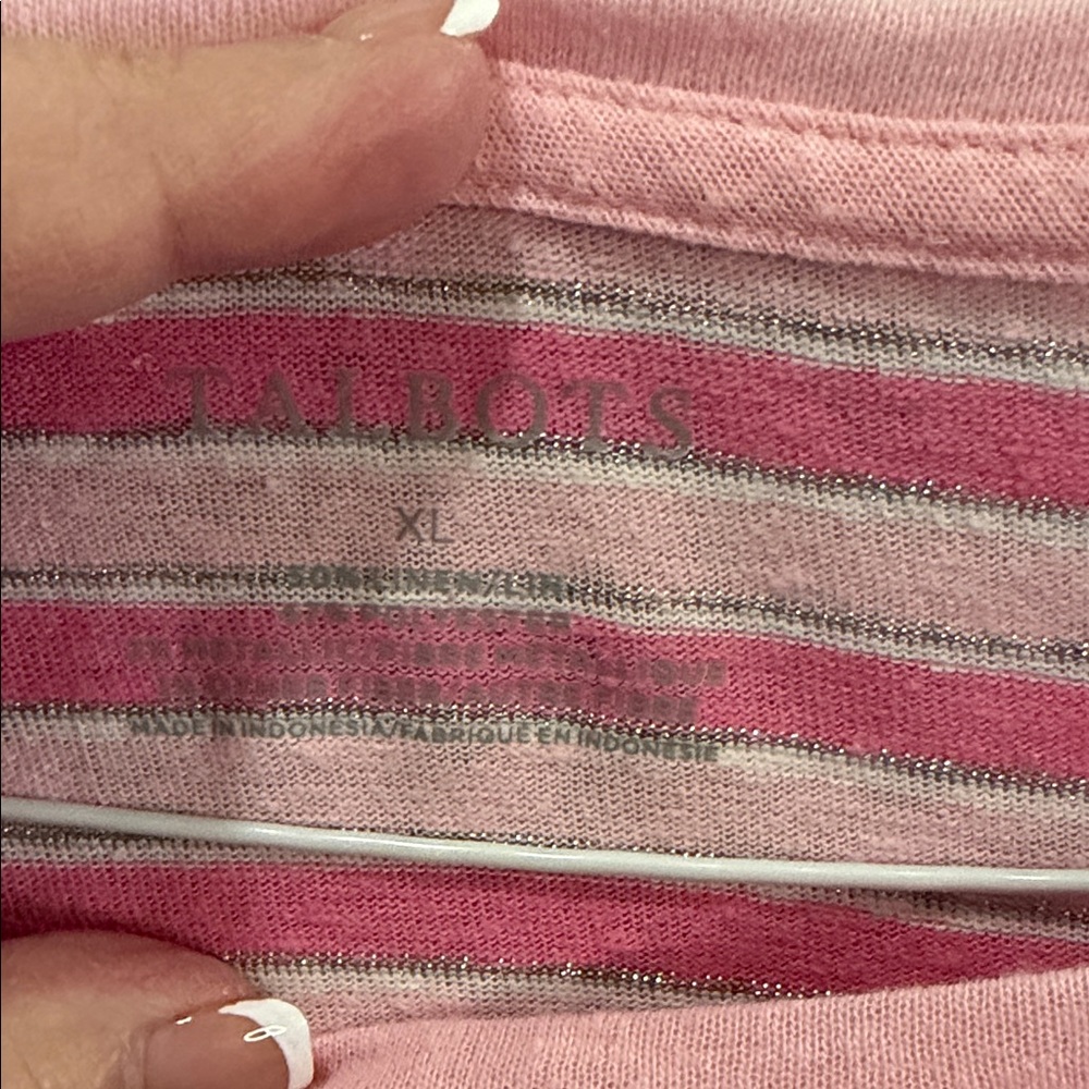 Talbots Pink Striped Short Sleeve Tie-Sleeve Top Linen XL - Picture 2 of 6